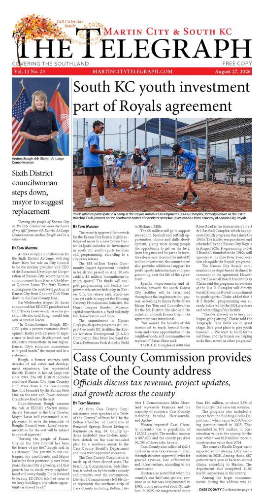 Front page of the Aug. 27, 2026 issue of the Martin City and South KC Telegraph newspaper.