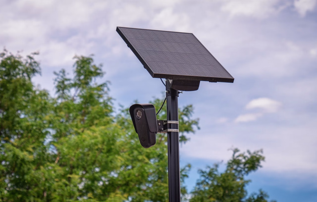 An ALPR camera and solar panel manufactured by Flock Safety is seen affixed to a pole. The Grandview Police Department operates 20 such Flock ALPR cameras, which the city first began installing in 2023. KCPD does not have Flock Safety cameras, instead operating 540 ALPR cameras manufactured by Genetec. Photo from Wikimedia Commons